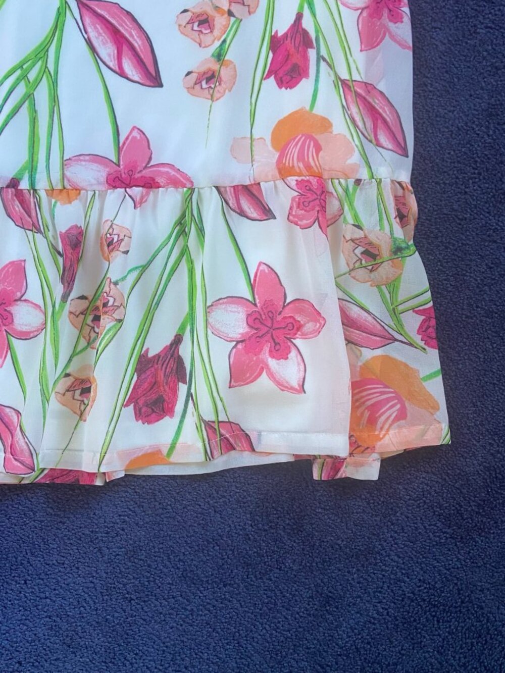 Floral Sleeveless Shift Dress | White Multi Color Print Ruffle Hem - Picture 6 of 8